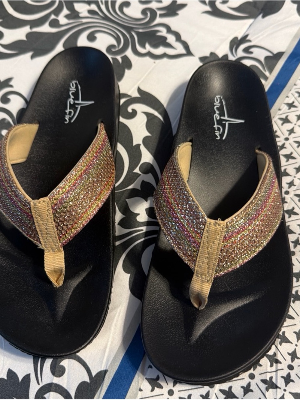 Black Flip-Flop Sandal with Glittery Multicolor Straps